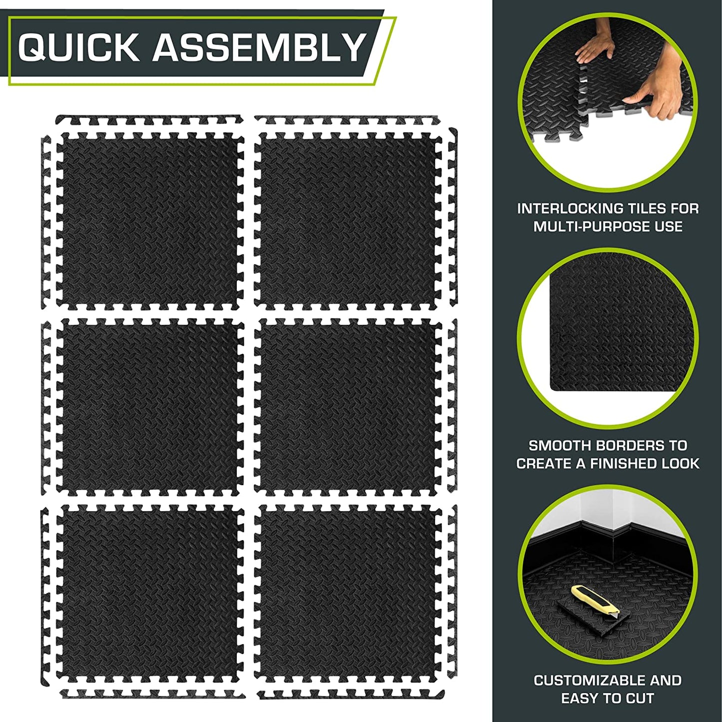 Puzzle Exercise Mat ½ In, EVA Interlocking Foam Floor Tiles for Home Gym, Mat for Home Workout Equipment, Floor Padding for Kids, 24 in X 24 in X ½ In, 48 Sq Ft - 12 Tiles