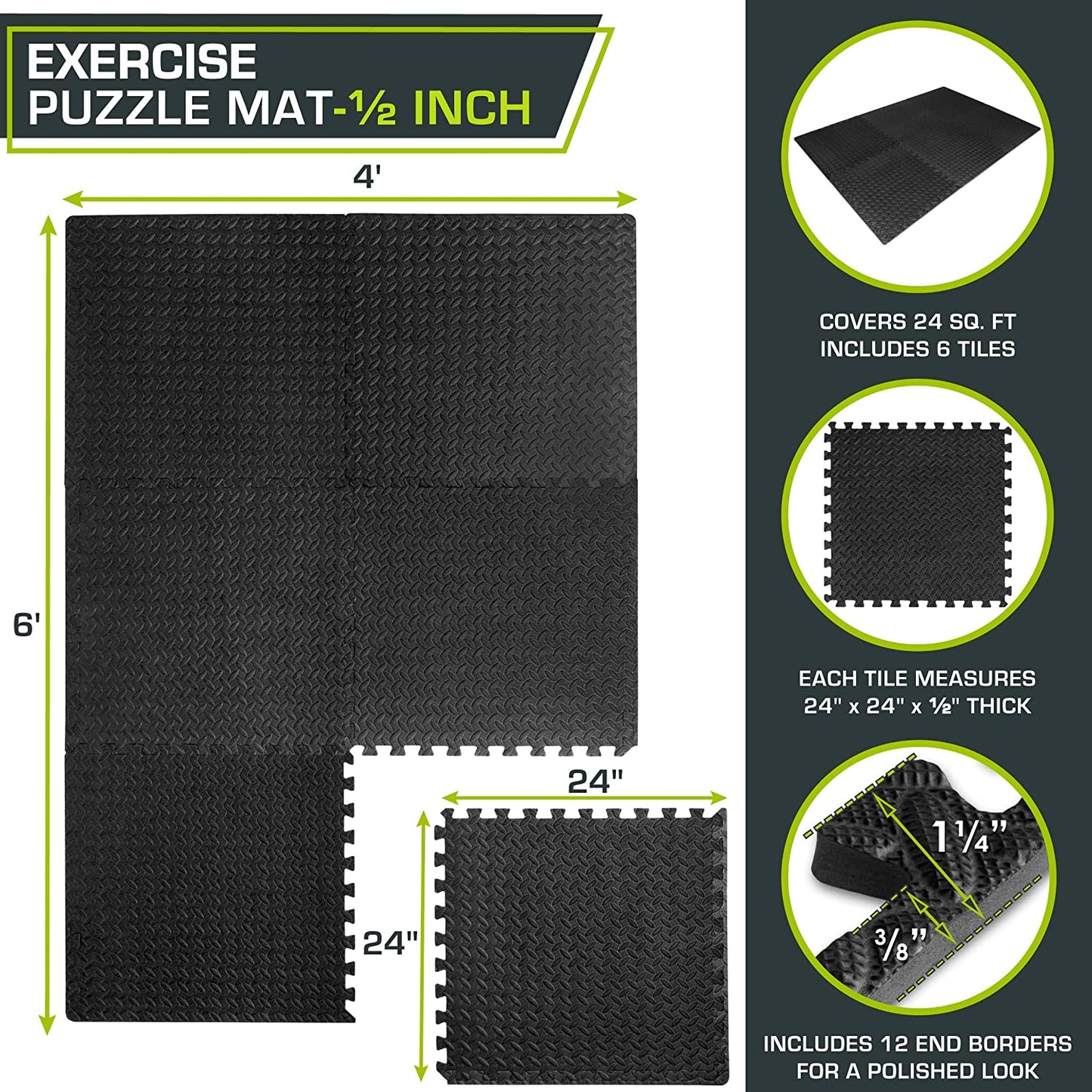 Puzzle Exercise Mat ½ In, EVA Interlocking Foam Floor Tiles for Home Gym, Mat for Home Workout Equipment, Floor Padding for Kids, 24 in X 24 in X ½ In, 48 Sq Ft - 12 Tiles
