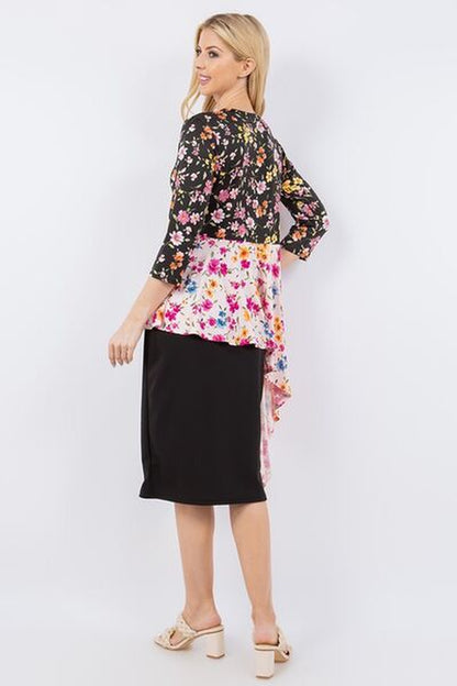 Celeste Full Size Floral Asymmetrical Hemline round Neck Top plus Size
