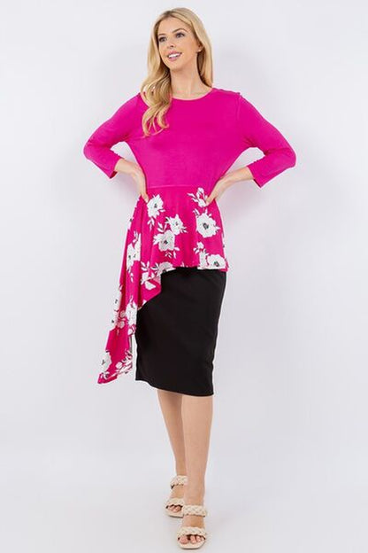 Celeste Full Size Floral Asymmetrical Hemline round Neck Top plus Size