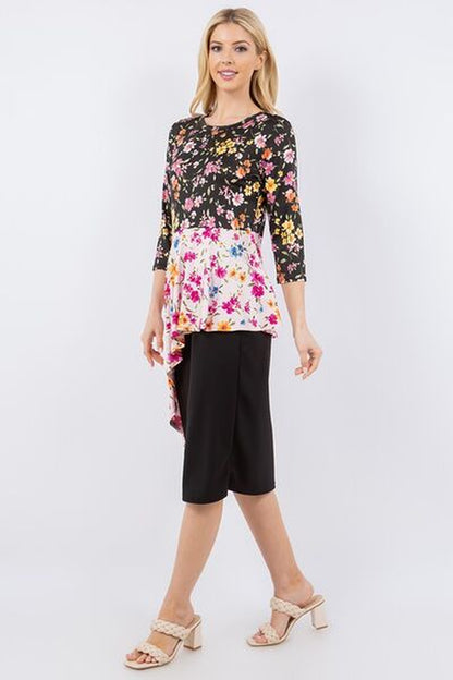 Celeste Full Size Floral Asymmetrical Hemline round Neck Top plus Size