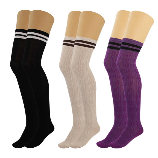 3 Pairs Women’S Colorful Thigh-High Over-The-Knee Boot Socks – Soft, Stretchy, Warm Knitted Stockings, Size 5-10